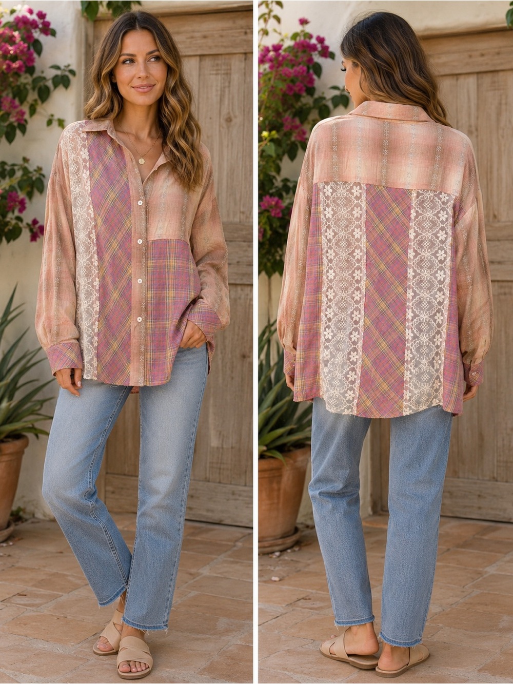 ANDREE BY UNIT Patchwork Button-Down Shirt in Pink and Cream